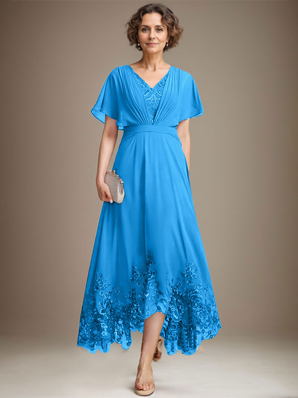 A-line V-Neck Asymmetrical Lace Chiffon Mother of the Bride Dress With Pleated