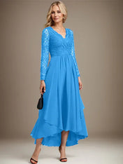 A-line V-Neck Asymmetrical Lace Chiffon Mother of the Bride Dress