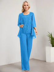 Separates Jumpsuit/Pantsuit Scoop Floor-Length Lace Chiffon Mother of the Bride Dress With Sequins