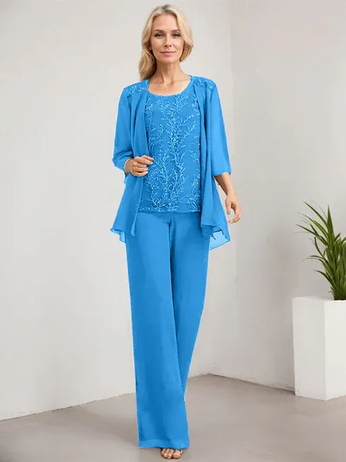 Pantsuit Scoop Floor-Length Lace Chiffon Mother of the Bride Dress With Sequins