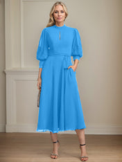 A-line High Neck Tea-Length Lace Chiffon Mother of the Bride Dress With Bow