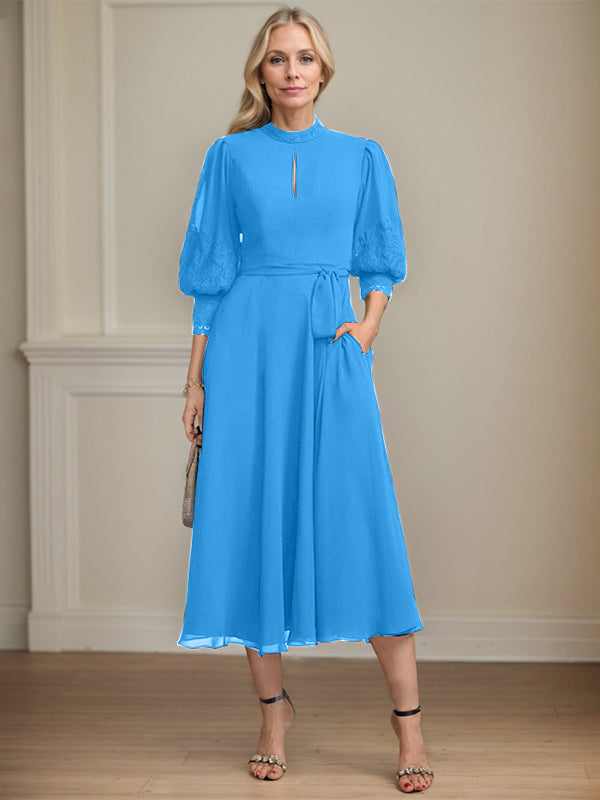 A-line High Neck Tea-Length Lace Chiffon Mother of the Bride Dress With Bow