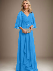 A-line V-Neck Floor-Length Chiffon Mother of the Bride Dress With Cascading Ruffles Crystal Brooch