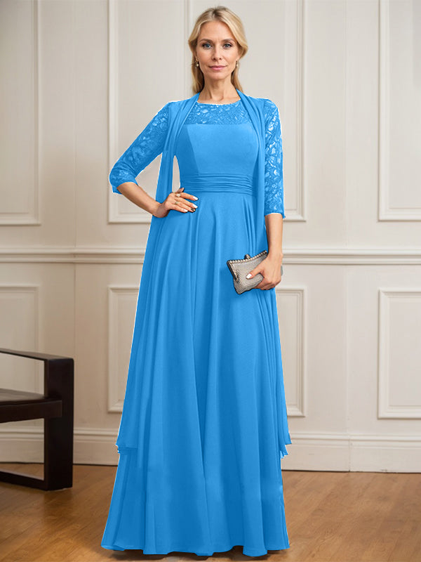 A-line Scoop Illusion Floor-Length Lace Chiffon Mother of the Bride Dress With Pleated