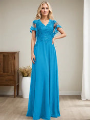 A-line V-Neck Floor-Length Lace Chiffon Mother of the Bride Dress With Sequins