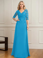 A-line V-Neck Floor-Length Lace Chiffon Mother of the Bride Dress With Pleated Sequins