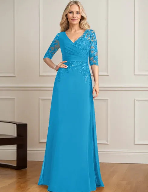 Robe de mère de la mariée trapèze, col en V, longueur au sol, en mousseline de soie et dentelle, avec sequins plissés 