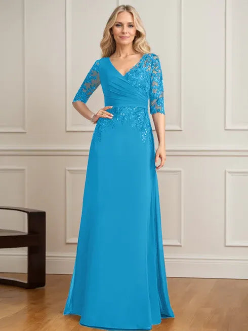 Robe de mère de la mariée trapèze, col en V, longueur au sol, en mousseline de soie et dentelle, avec sequins plissés 