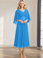 A-line V-Neck Tea-Length Chiffon Mother of the Bride Dress With Pleated Sequins Appliques Lace Beadind