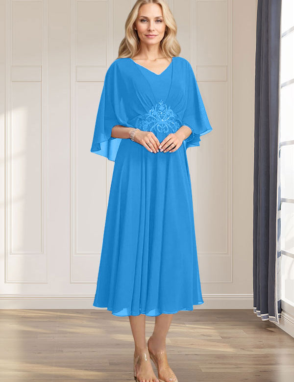 A-line V-Neck Tea-Length Chiffon Mother of the Bride Dress With Pleated Sequins Appliques Lace Beadind