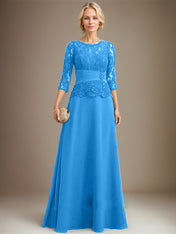 A-line Scoop Illusion Floor-Length Chiffon Lace Mother of the Bride Dress With Pleated Sequins Beading