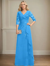 A-line Collared V-Neck Floor-Length Lace Chiffon Mother of the Bride Dress With Sequins Cascading Ruffles