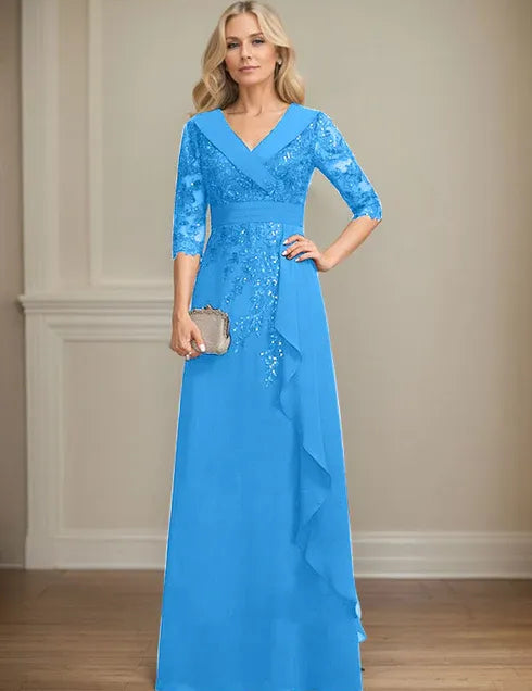 Robe de mère de la mariée trapèze, col en V, longueur au sol, en mousseline de soie et dentelle, avec volants en cascade et paillettes 