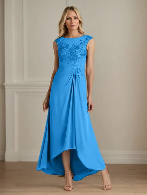 Champagne A-Line Scoop Lace Chiffon Dress