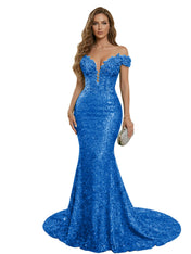 Sparkly Off The Shoulder Sequin Long Mermaid Corset Prom Dresses