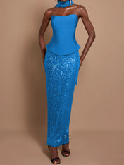 Off-Shoulder Bandage Top & Sequin Midi Skirt Set