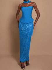 Off-Shoulder Bandage Top & Sequin Midi Skirt Set