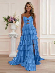 A Line Strapless Sweetheart Satin Prom Dress with Keyhole