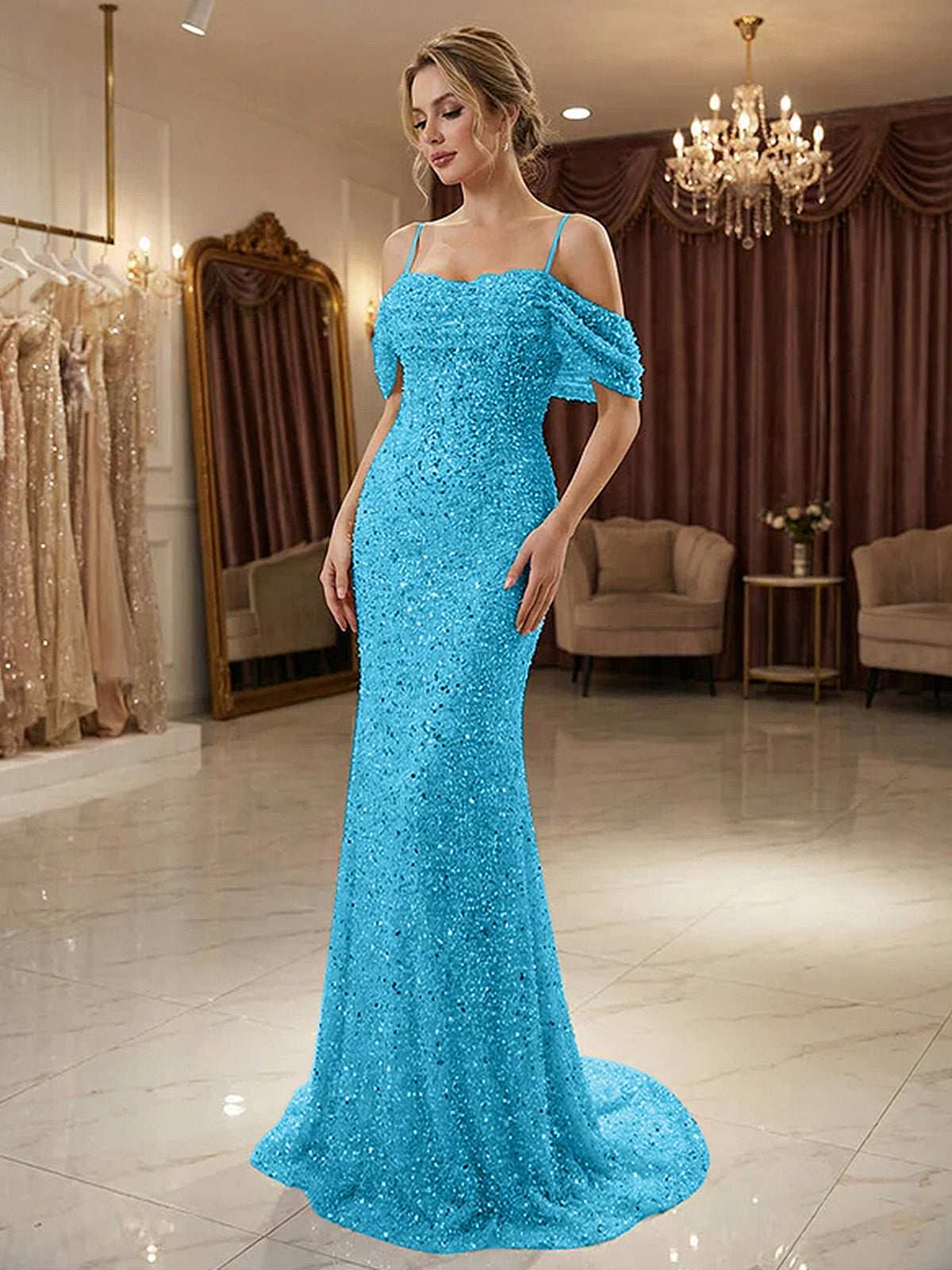 Sparkly Champagne Beaded Off-the-Shoulder Mermaid Long Prom Dress