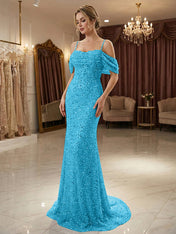 Sparkly Champagne Beaded Off-the-Shoulder Mermaid Long Prom Dress