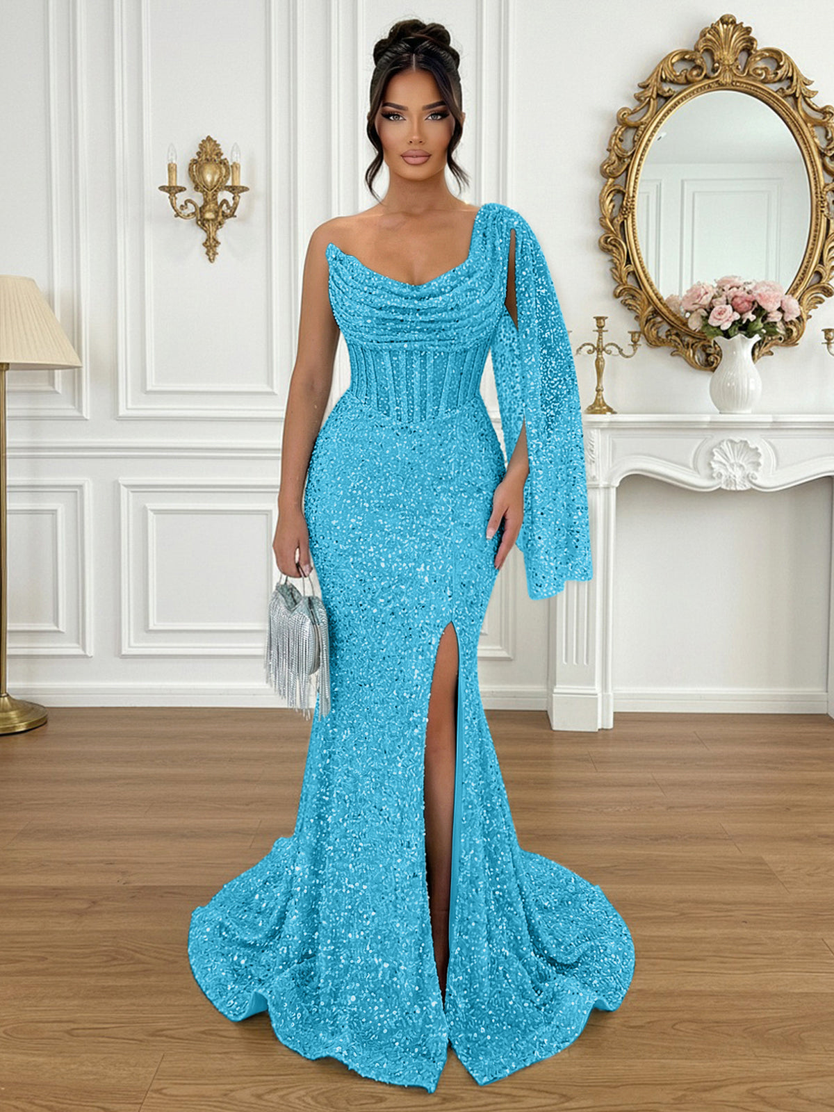 Glamorous Ice Blue One-Shoulder Sequin Corset Mermaid Prom Dresses with Slit