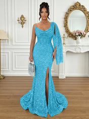 Glamorous Ice Blue One-Shoulder Sequin Corset Mermaid Prom Dresses with Slit