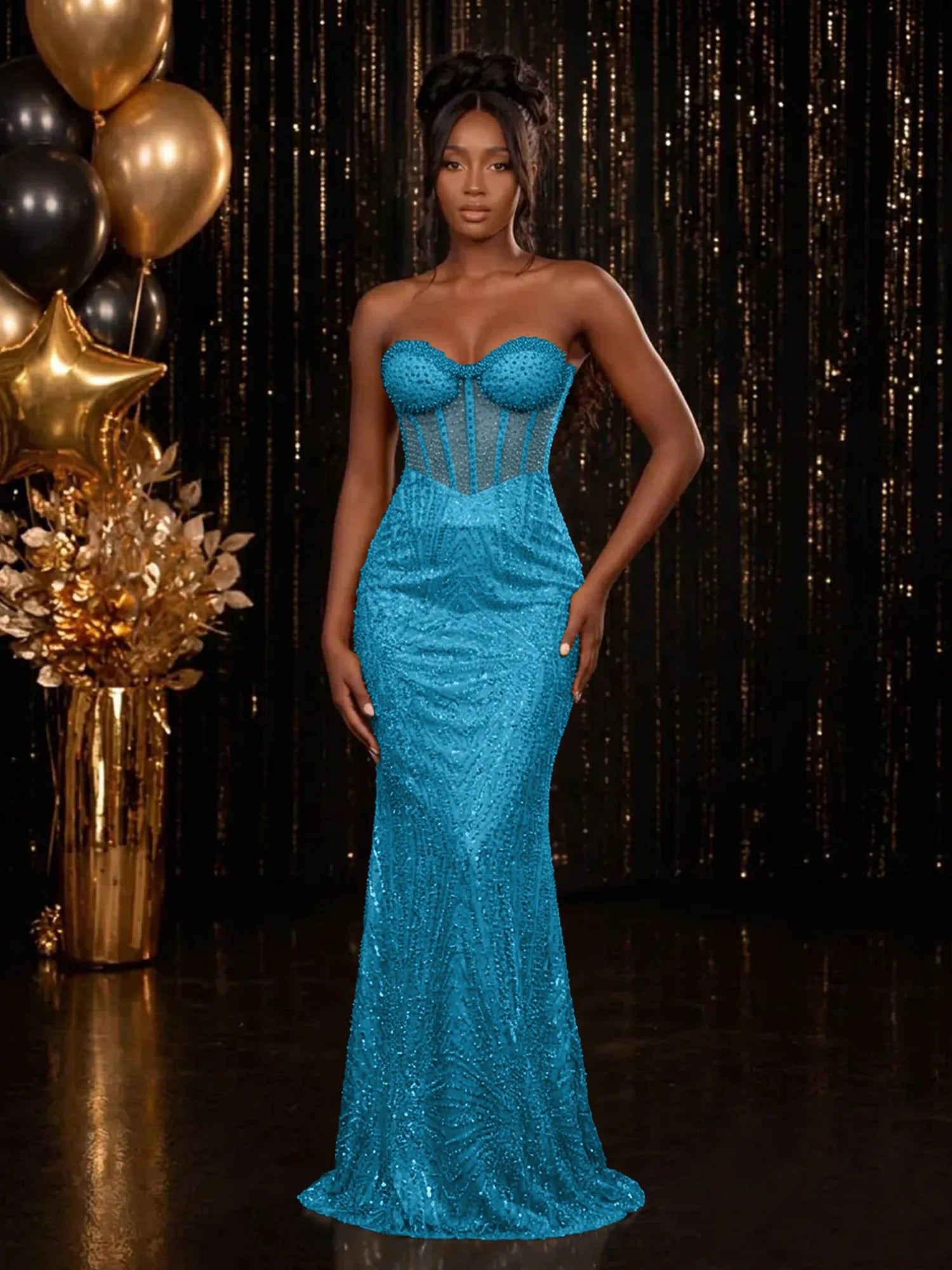 Strapless Sequin-Accented Mermaid Prom Dress with High Slit