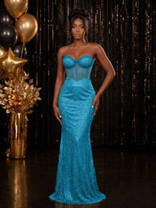 Strapless Sequin-Accented Mermaid Prom Dress with High Slit
