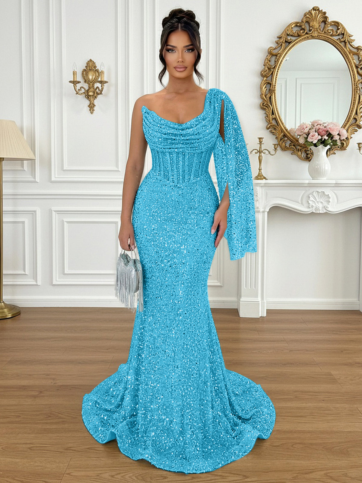 Glamorous Ice Blue One-Shoulder Sequin Corset Mermaid Prom Dresses