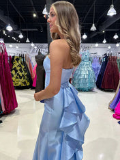 Blue Mermaid Satin Strapless Long Prom Dress with Ruffle Train