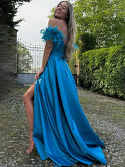 Blue A-Line Off The Shoulder Sweetheart Satin Long Prom Dress with Feather
