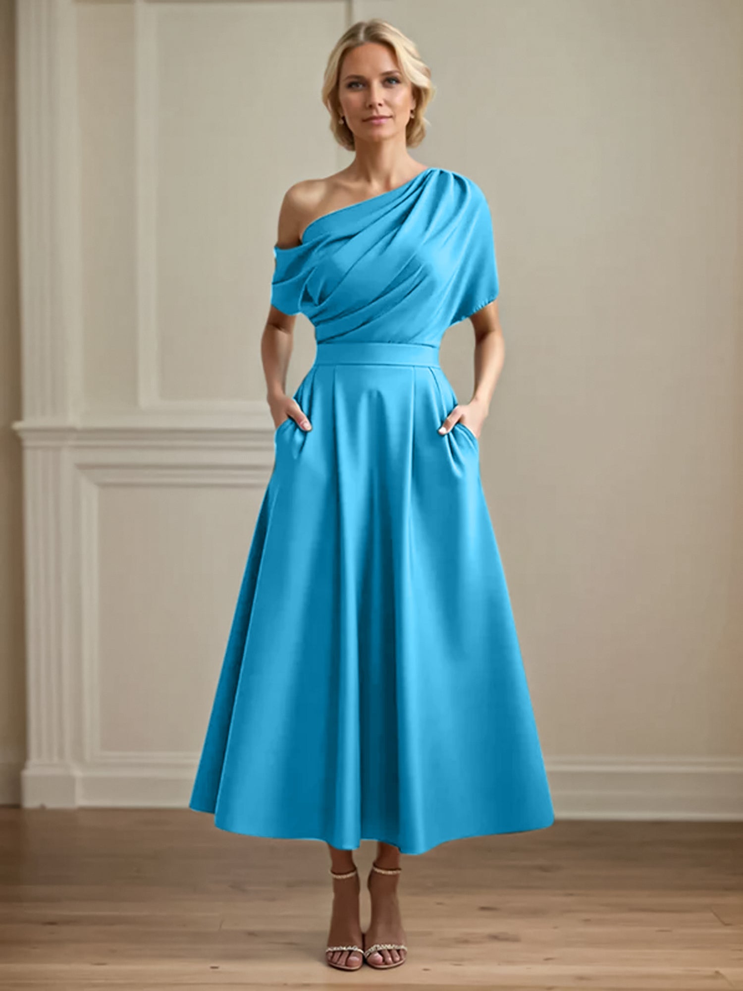A Line Satin One Shoulder Pleated Ankle Length Mother of the Bride Dress