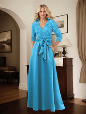 Classic V-Neck Bow Accented Satin Mother Of The Bride Dress With Lace