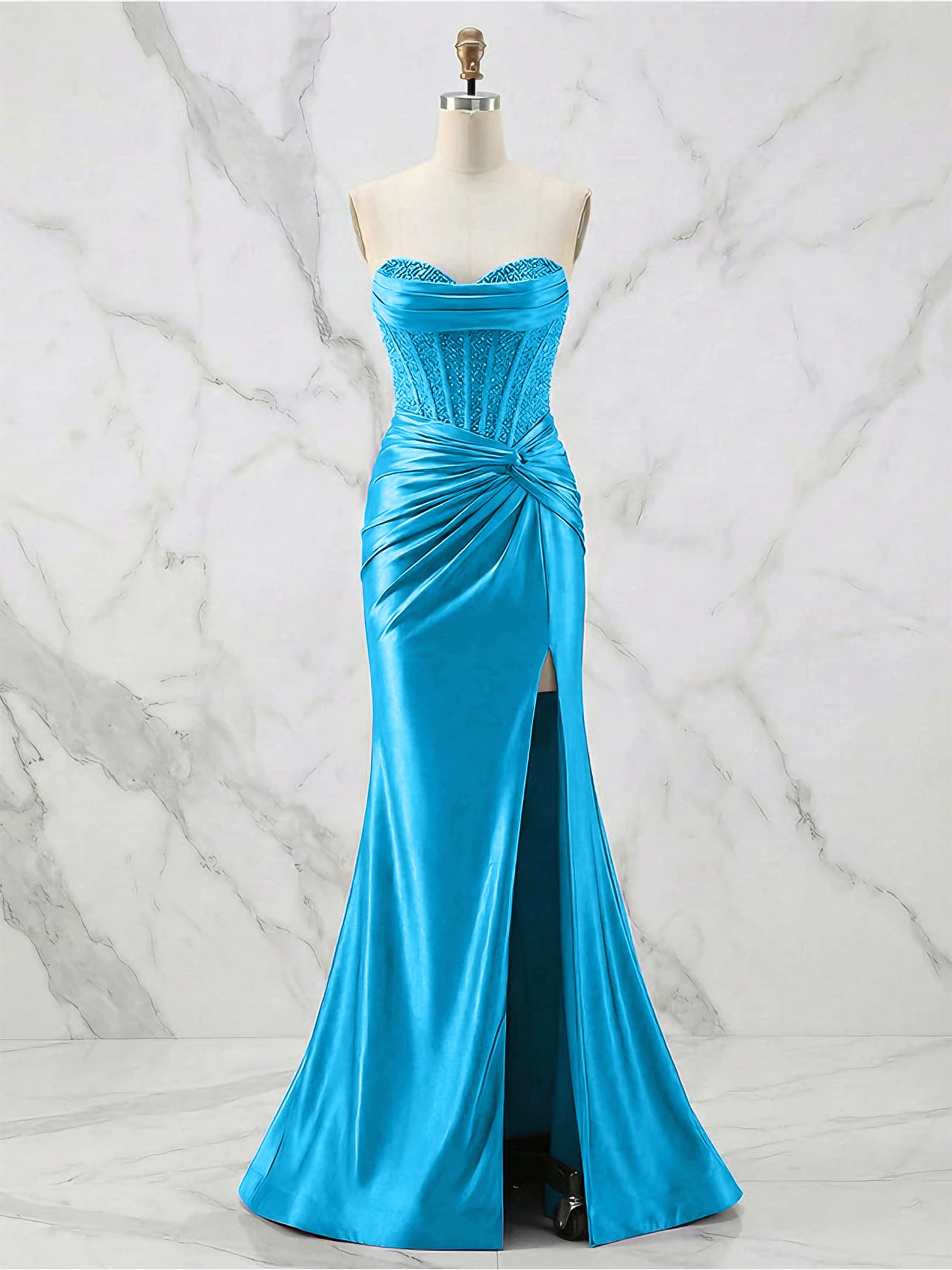 Glamorous Strapless Beaded Corset Satin Prom Dress with Slit