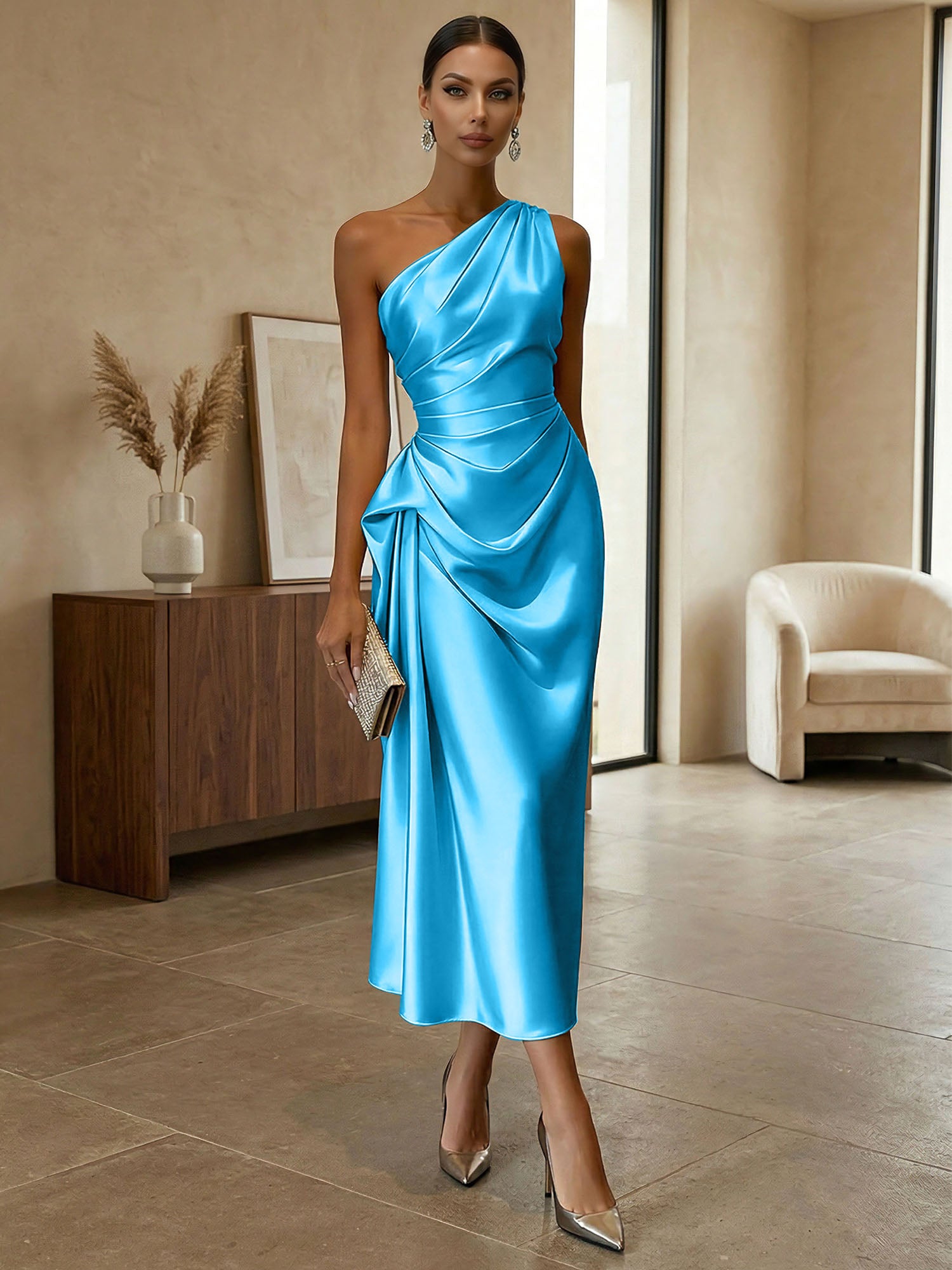 Champagne Ruched Satin One Shoulder Sleeveless Sheath Midi Dress