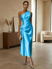 Champagne Ruched Satin One Shoulder Sleeveless Sheath Midi Dress