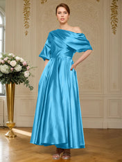 A-line Short Sleeves Pleated Ankle-Length Silk like Satin Mother of the Bride Dress