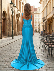 Purple Mermaid Spaghetti Straps Satin Long Corset Appliqued Prom Dress