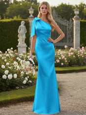 Light Blue One Shoulder Satin Sheath Long Bridesmaid Dresses