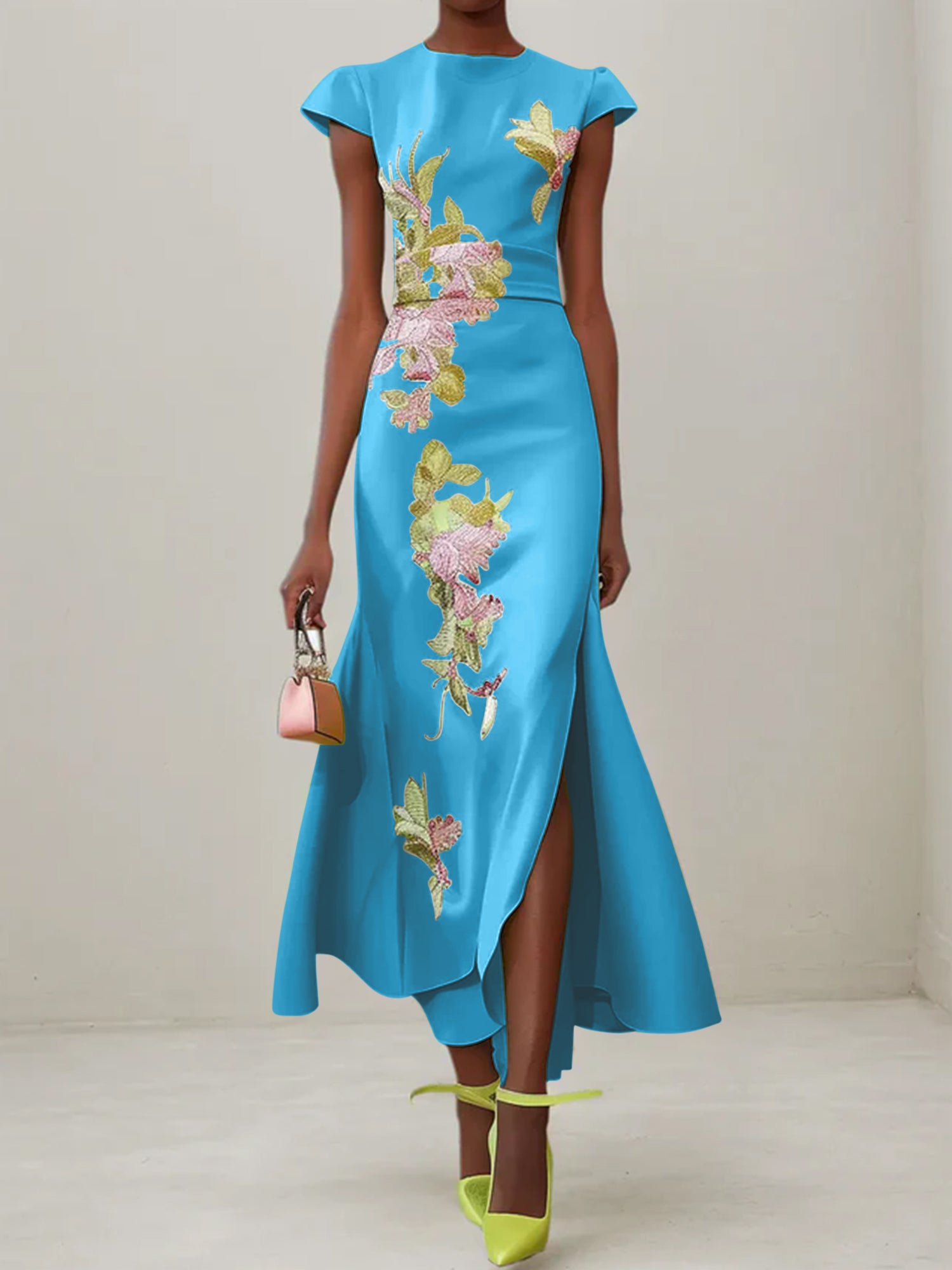 Green Floral Embroidered Cap Sleeve Slit Sheath Maxi Dress