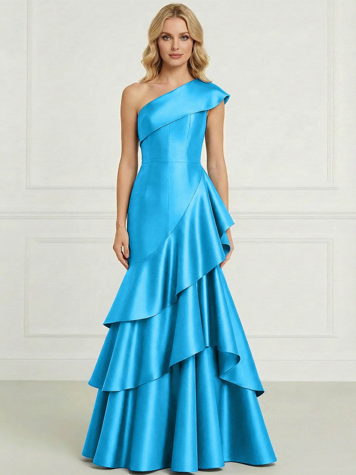 Formal Evening Dress Dark Blue One-Shoulder Satin Tiered Maxi Gown