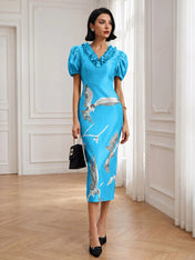 Black Folds V Neck Puff Sleeve Midi Sheath Dress