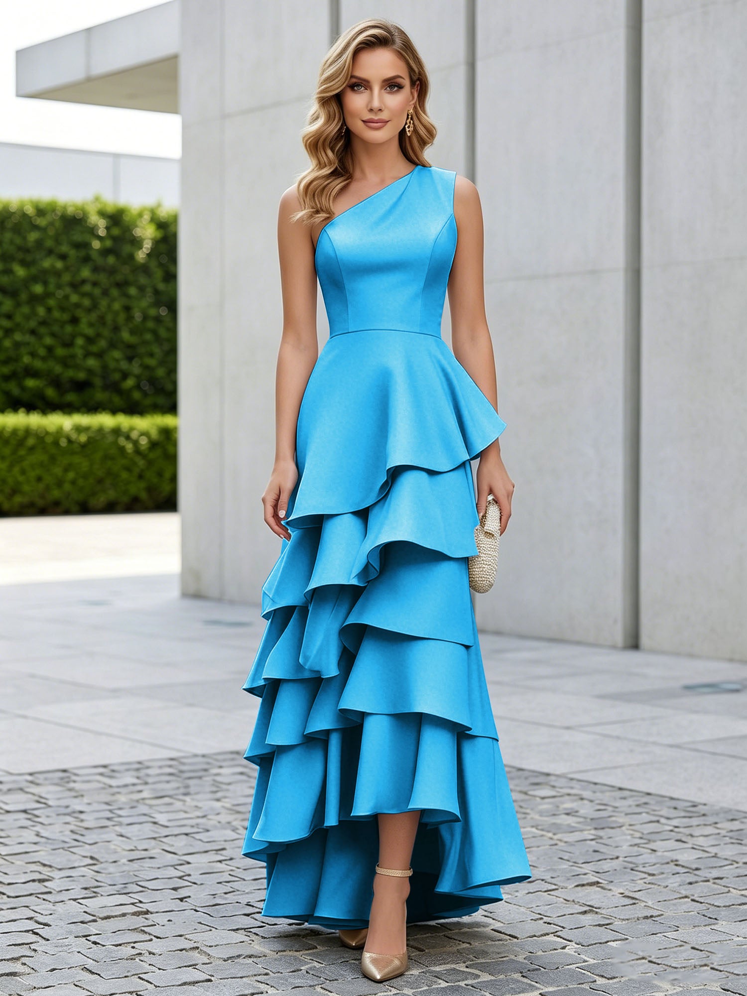 One Shoulder Tiered Ruffle Satin Mermaid Evening Gown with Sculptural Layers