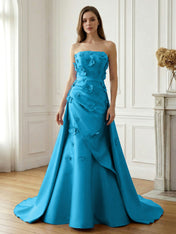 Lavender Satin 3D Floral Strapless A-Line Gown