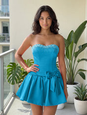 Fuchsia Pearl Corset Short Homecoming Dresses Large Waist Bow Lace Up Back