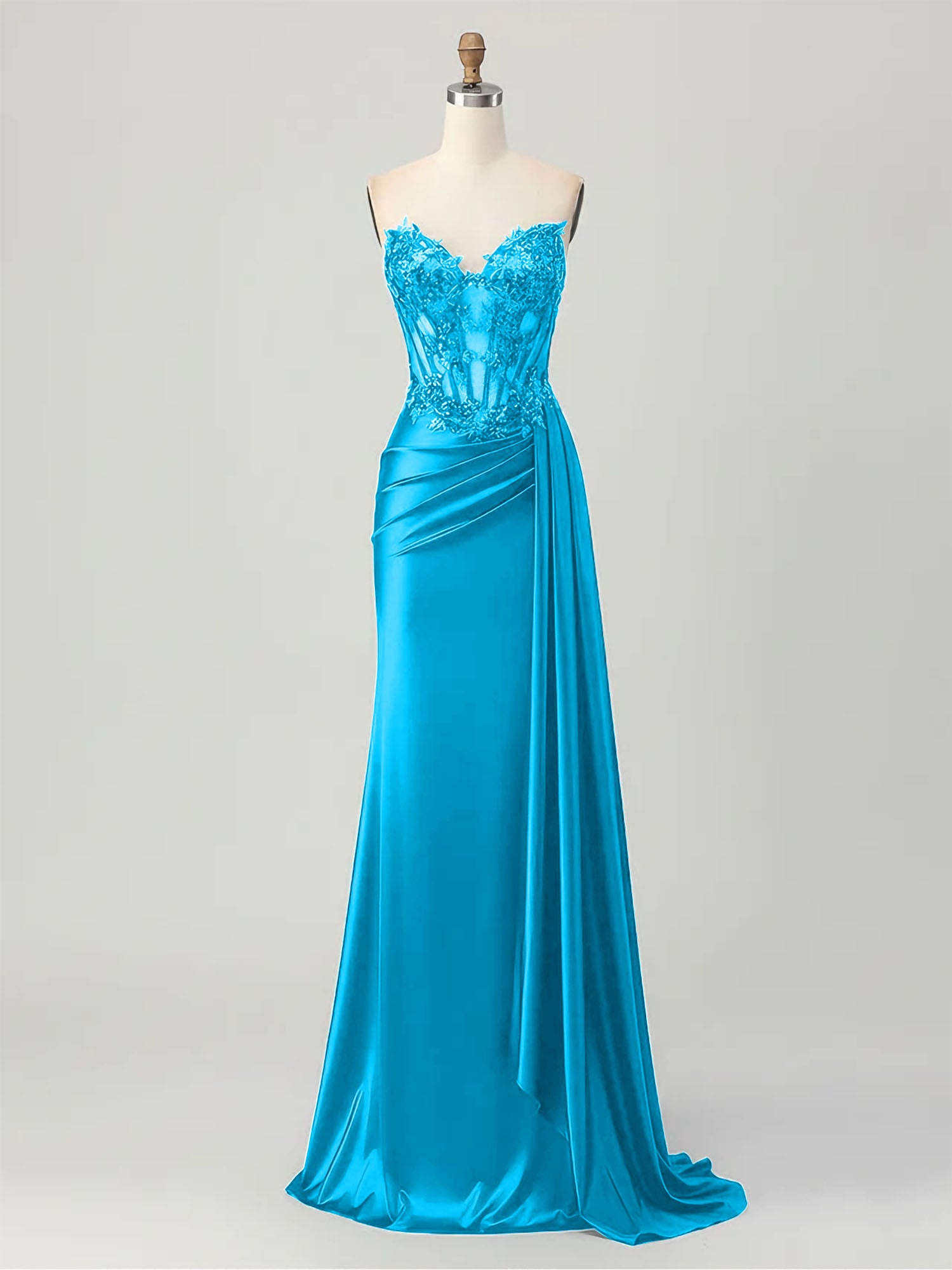 Strapless Illusion Bodice Prom Dress with Satin Skirt