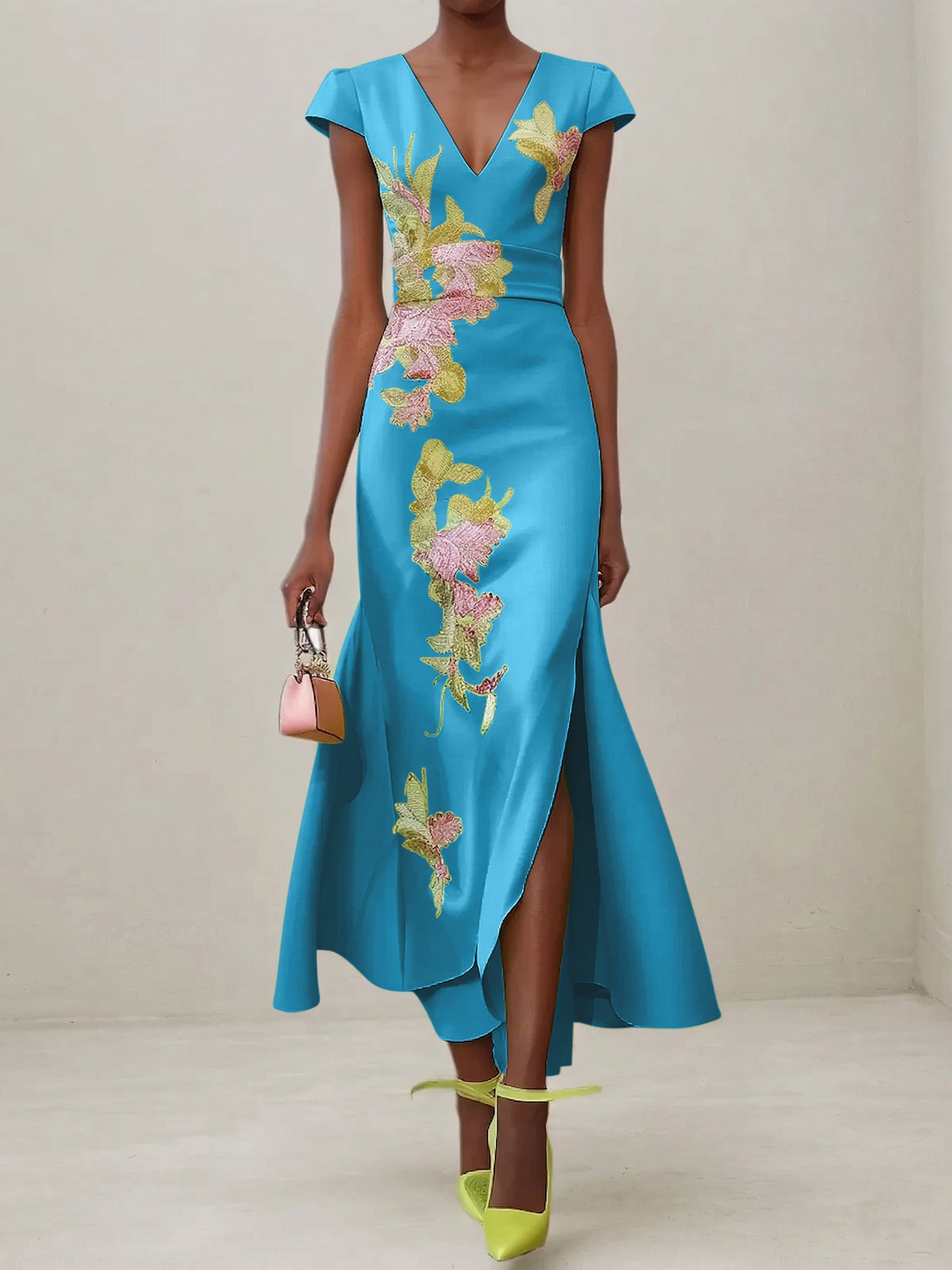 Green Floral V Neck Embroidered Cap Sleeve Slit Sheath Maxi Dress