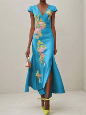 Green Floral V Neck Embroidered Cap Sleeve Slit Sheath Maxi Dress