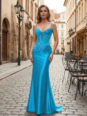 Purple Mermaid Spaghetti Straps Satin Long Corset Appliqued Prom Dress