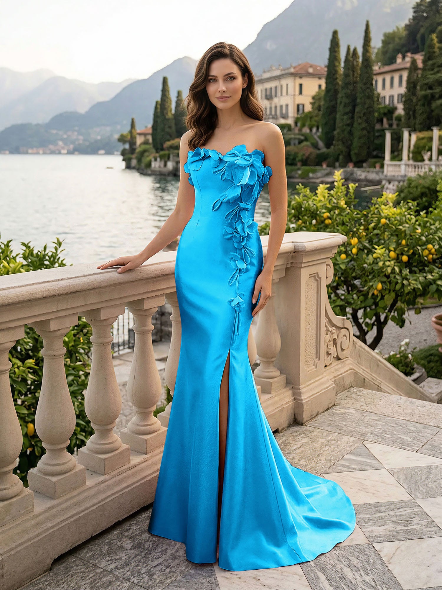 Pink Sweetheart Neckline 3D Flower Embellished Mermaid Evening Gown Maxi Dress